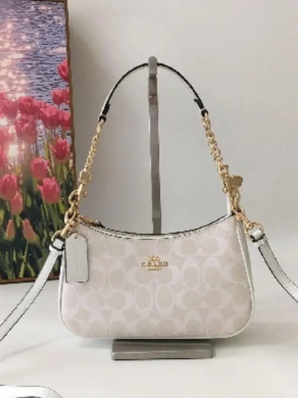 Coach Teri 2Way Shoulder Bag CA548 Signature Canvas White Smooth Leather Outlet!